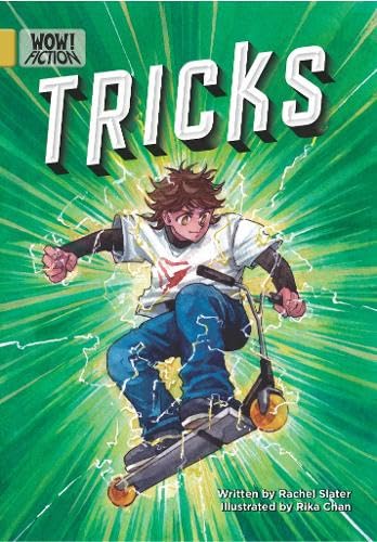 Book cover: boy on a scooter with dynamic green and white design.