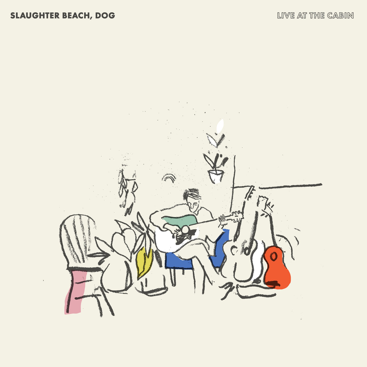 Sketch of people relaxing and playing music in a rustic interior.