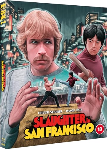 Slaughter in San Francisco" Blu-ray cover featuring Chuck Norris and Wong Tao.
