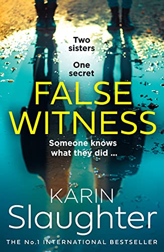 Book cover: “False Witness” by Karin Slaughter, with reflected figures.
