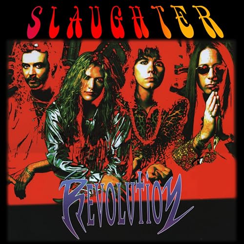 Slaughter band album cover, “Revolution,” featuring four musicians in red hues.