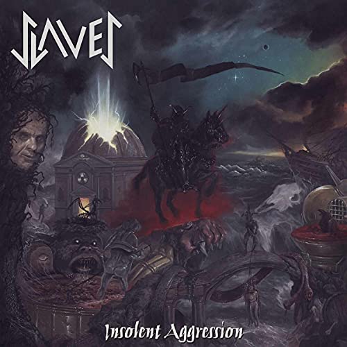 Dark fantasy album cover featuring a knight on horseback and fiery landscape.