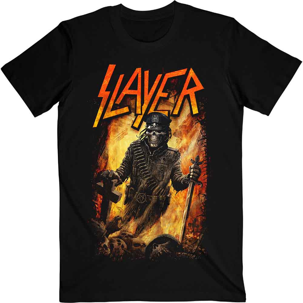 Man wearing a black Slayer t-shirt featuring a flaming skeleton soldier graphic.