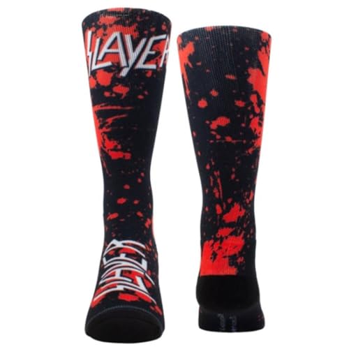 Black crew socks with red “Slayer” logo and splatter pattern.