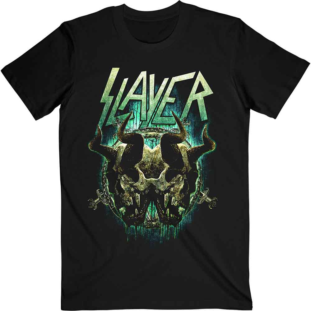 Black Slayer t-shirt with a green and blue demonic skull graphic.