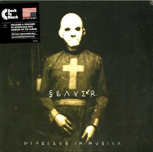 Slayer’s “Diabolus In Musica” vinyl album cover featuring a masked figure.