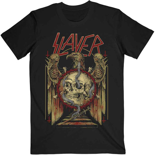 Black t-shirt with Slayer band logo: eagle, serpent, skull design.