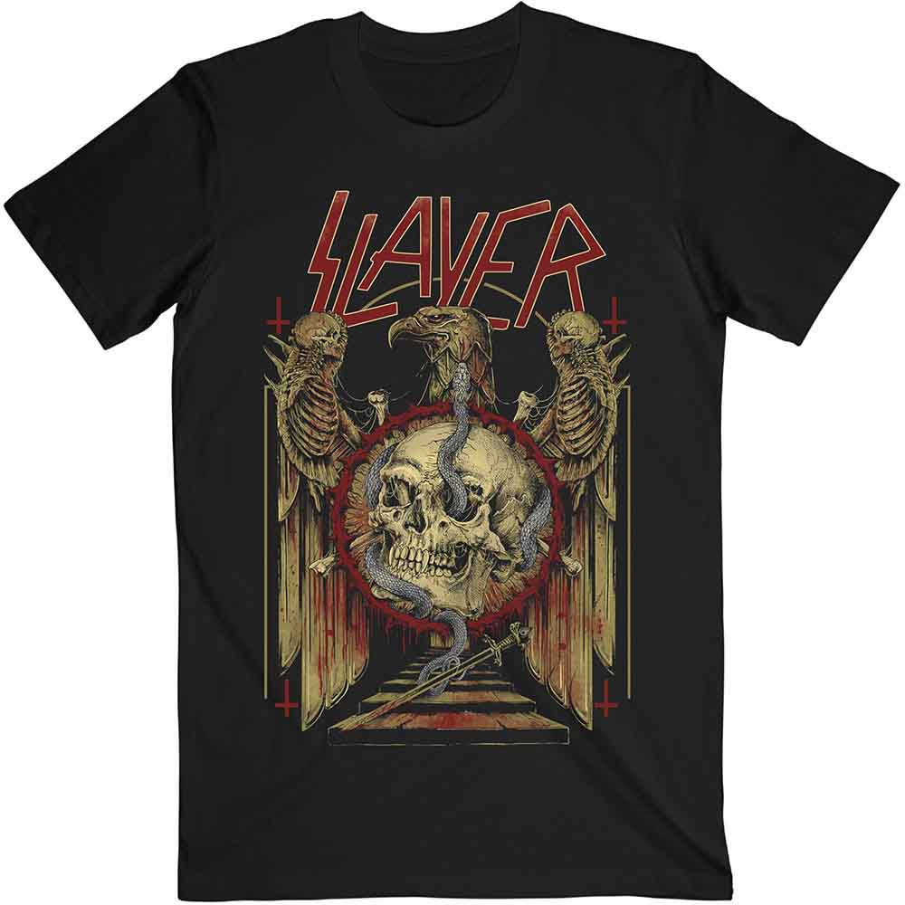 Black t-shirt with Slayer band logo: eagle, serpent, skull design.