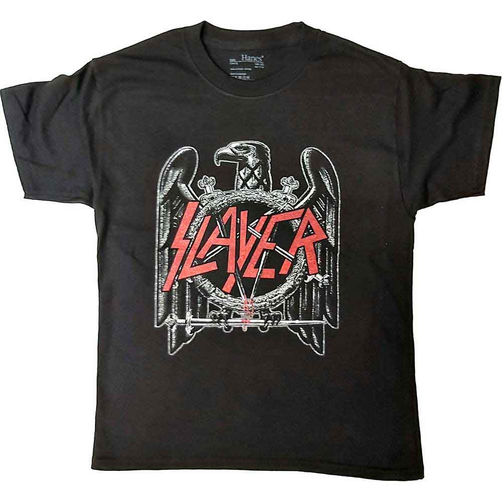 Black t-shirt with Slayer eagle graphic worn by a young person.