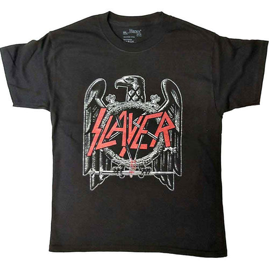 Black t-shirt with Slayer eagle graphic worn by a young person.