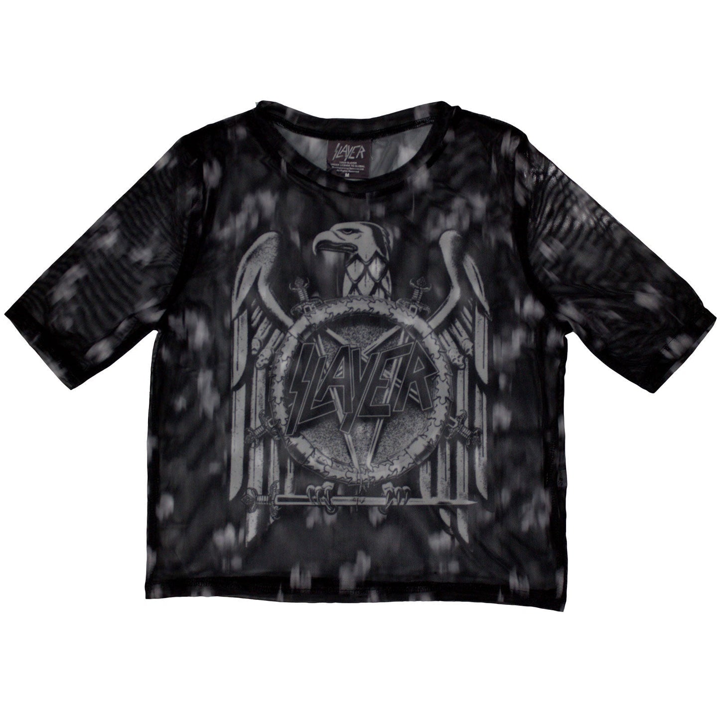Black mesh crop top with a white eagle graphic, Slayer band logo.