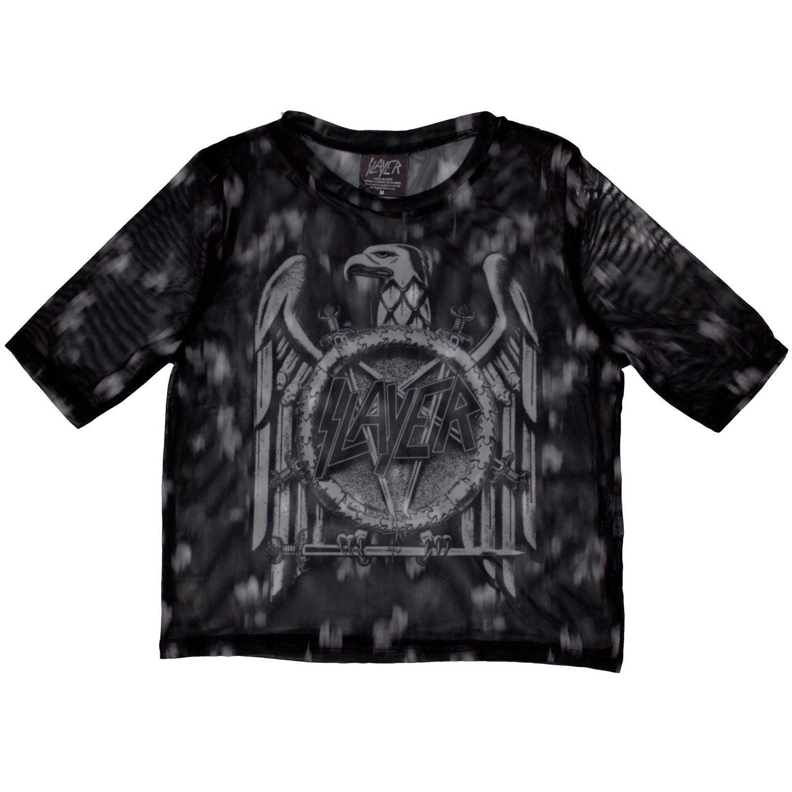 Black mesh crop top with a white eagle graphic, Slayer band logo.
