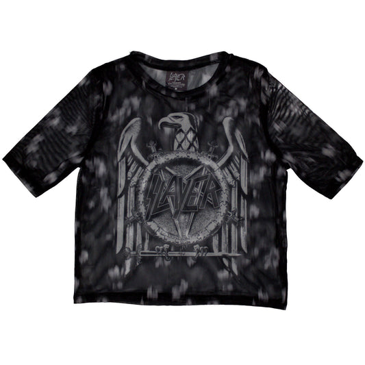 Black mesh crop top with a white eagle graphic, Slayer band logo.