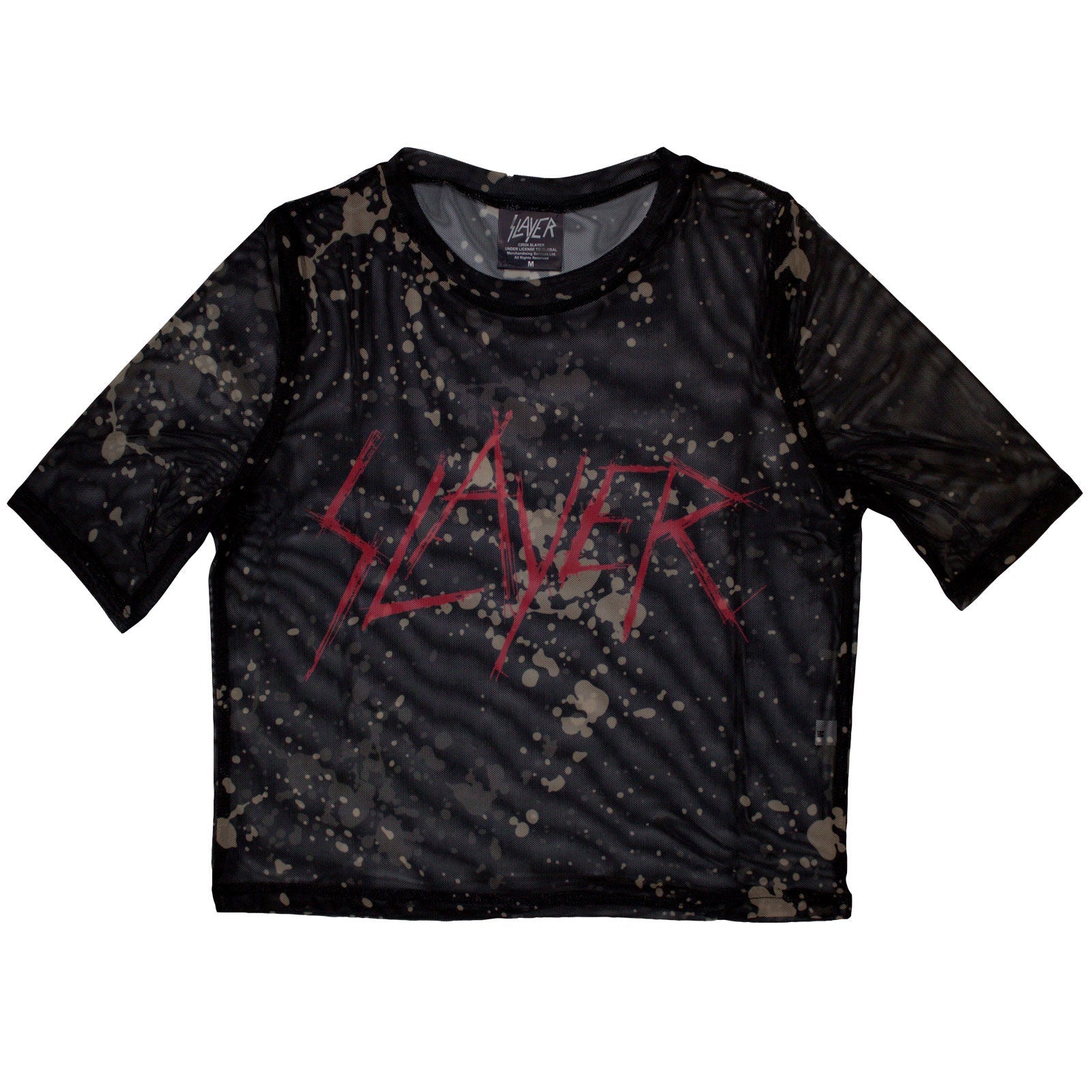 Black mesh crop top with white “Slayer” logo in a distressed style.