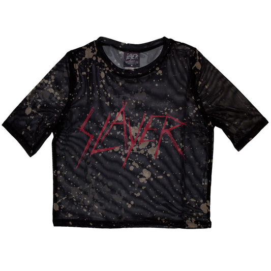 Black mesh crop top with white “Slayer” logo in a distressed style.
