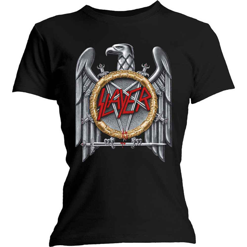 Black women's t-shirt with a silver eagle and "Slayer" logo design.