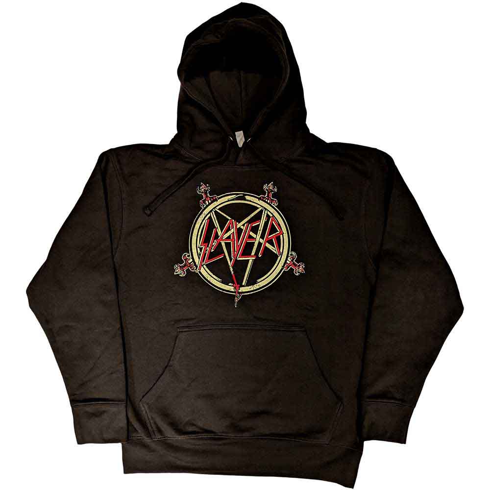 Black hooded sweatshirt with a large Slayer band logo graphic.