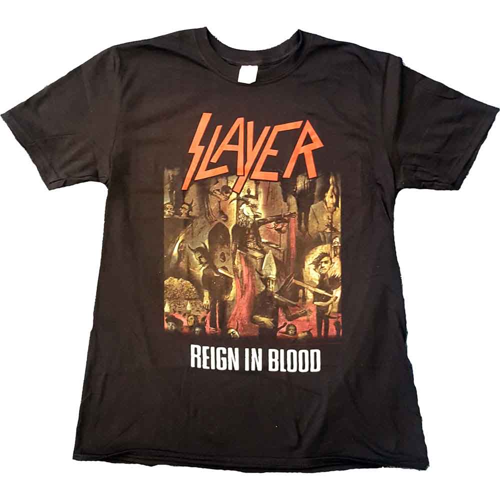 Black t-shirt with Slayer’s “Reign in Blood” album artwork and logo.