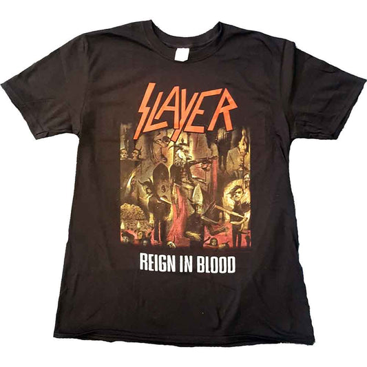Black t-shirt with Slayer’s “Reign in Blood” album artwork and logo.