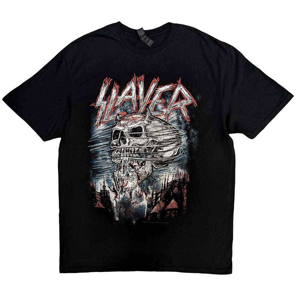 Black t-shirt with Slayer band logo and skull graphic design.
