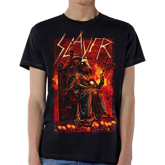 Black t-shirt with Slayer band logo and goat skull graphic.
