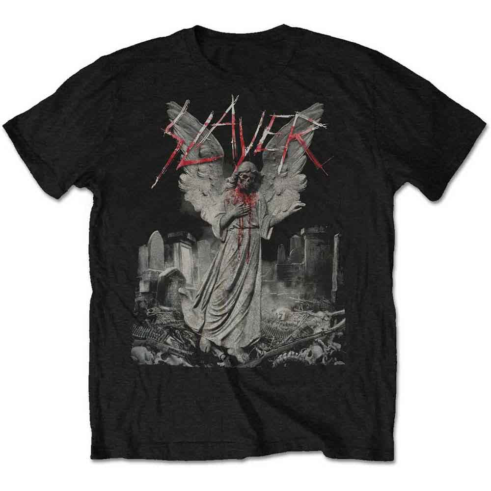 Black t-shirt with a graphic of a winged figure in a graveyard.