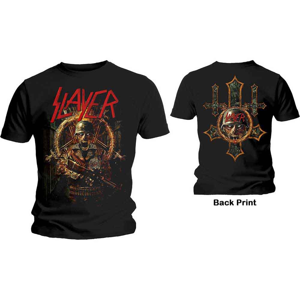 Black t-shirt with a detailed, graphic print of a soldier skull.