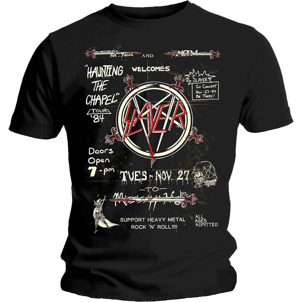 Black t-shirt with white graphic of a Slayer concert flier from 1984.