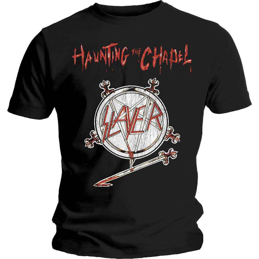 Black t-shirt with red “Slayer” logo, chapel imagery, and crossed swords.
