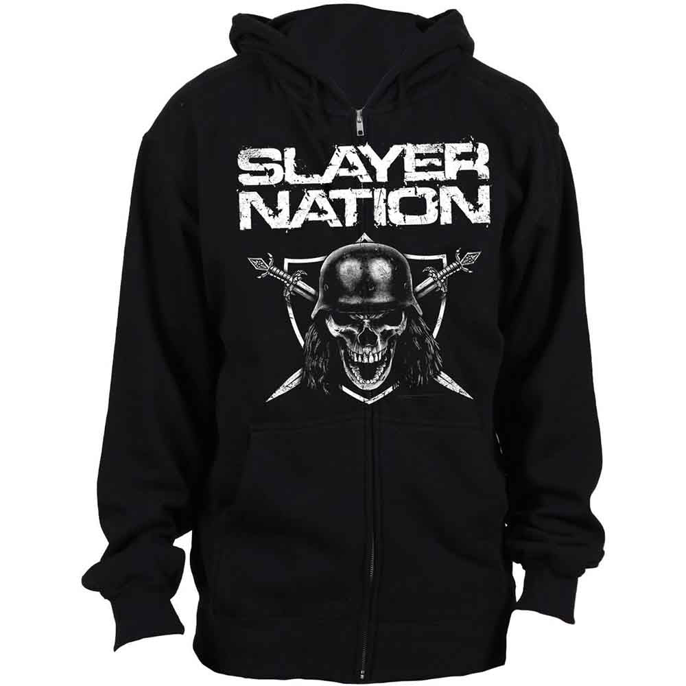 Black zipped hoodie with "Slayer Nation" and skull graphic.