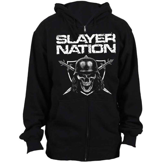 Black zipped hoodie with "Slayer Nation" and skull graphic.