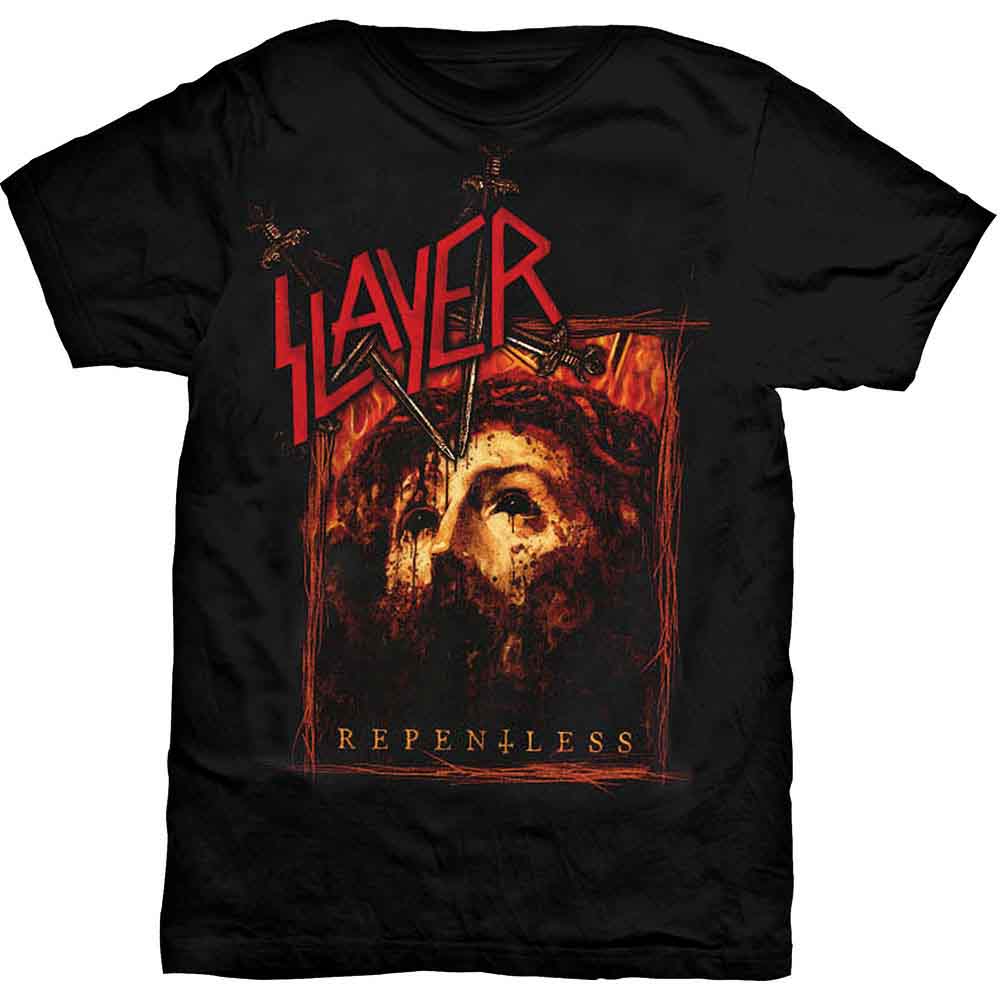 Black short-sleeve t-shirt featuring the Slayer logo above a graphic of a bleeding face.