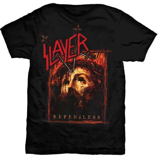 Black short-sleeve t-shirt featuring the Slayer logo above a graphic of a bleeding face.