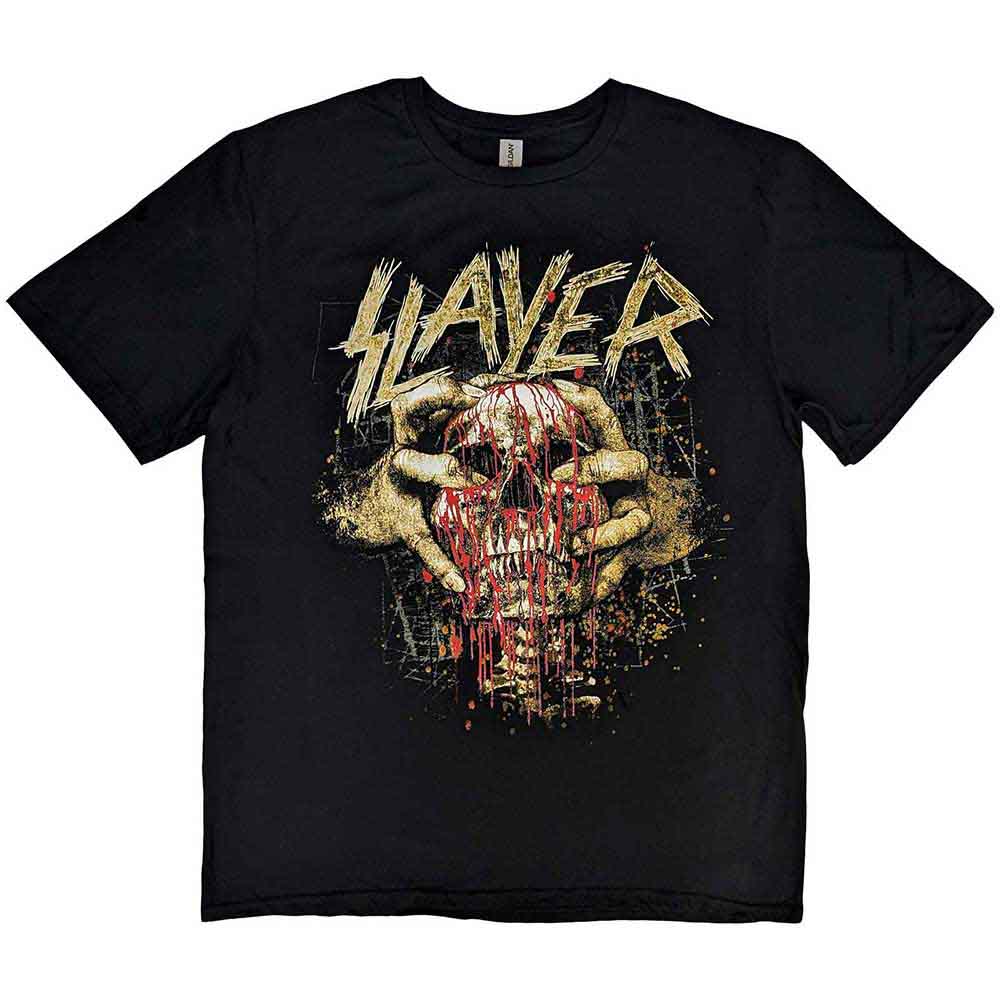 Black t-shirt with Slayer logo featuring a skull and hands graphic.