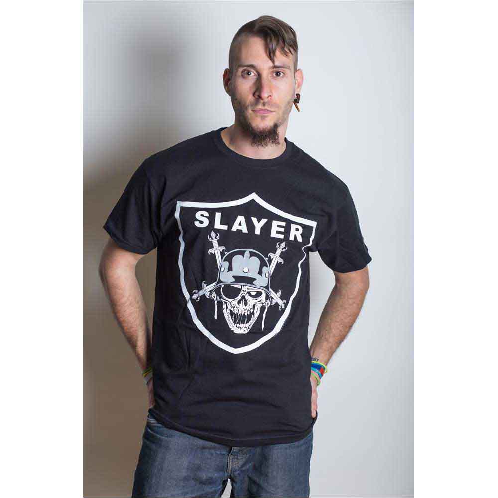 A man wearing a black Slayer t-shirt with a skull and shield graphic.