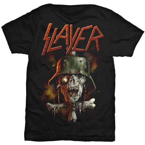 Black t-shirt with Slayer logo and graphic of a skull in helmet.