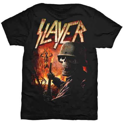 Black t-shirt with Slayer band logo and war-themed graphic on front.