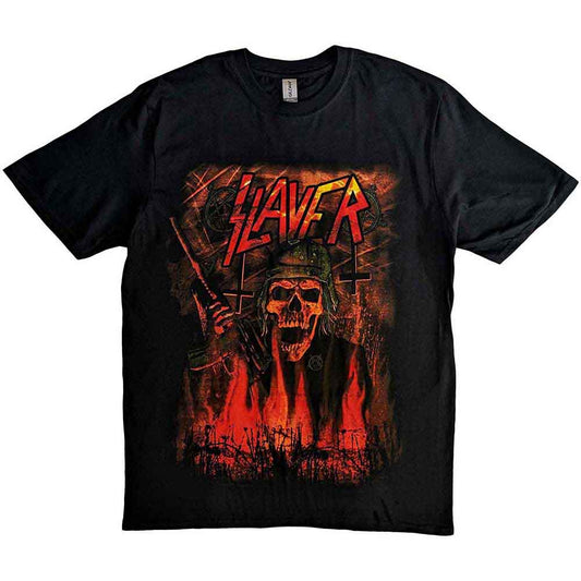 Man wearing black t-shirt with skull and “Slayer” graphic print.