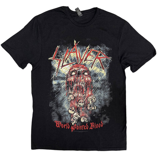 Black t-shirt with Slayer logo and painted blood skull graphic.