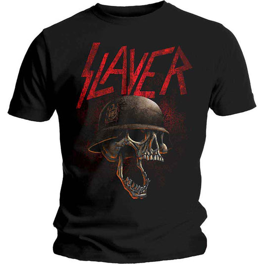 Black t-shirt with red "Slayer" text and a skull wearing a helmet.