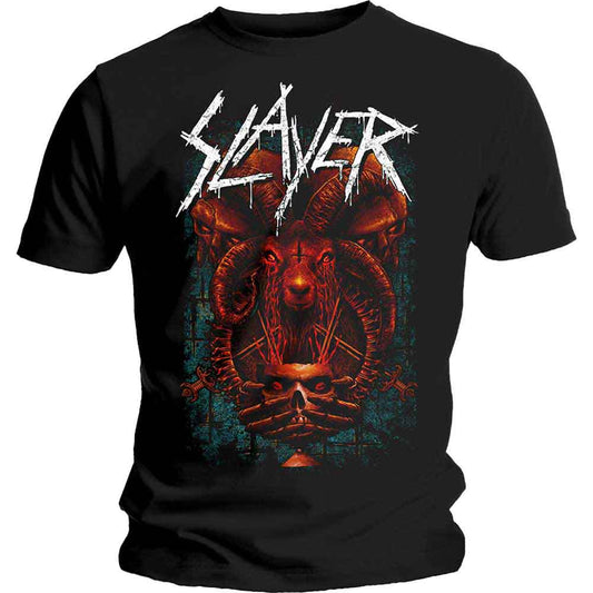 Black Slayer t-shirt featuring a red demonic ram illustration and white band logo.