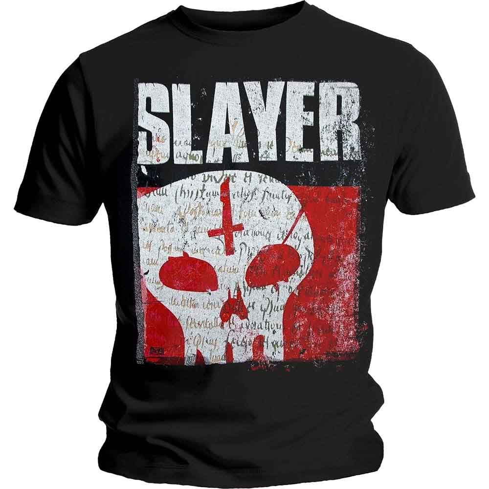 Black t-shirt with a white Slayer logo and a skull graphic over red text.