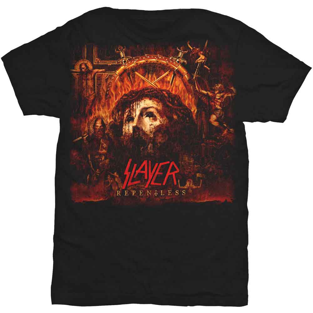 Black t-shirt with a distressed, fiery image and "Slayer" logo.