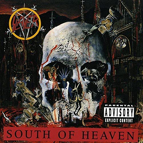 Slayer album cover: skull, gothic architecture, and a fiery, dark landscape.