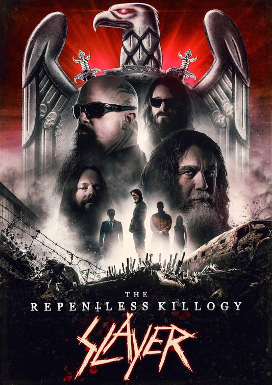 "Slayer band members surround an eagle emblem on a dark, red background Blu-ray cover."