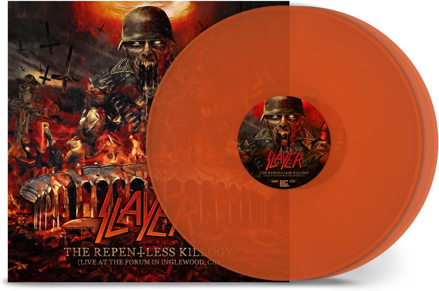 Slayer vinyl record: orange disc with soldier artwork and band logo.