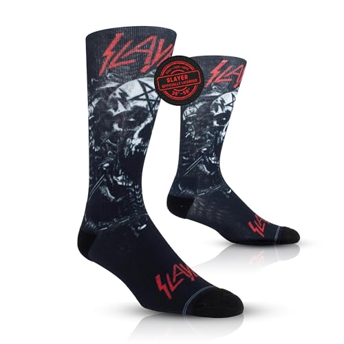 Black crew socks featuring a white skull graphic and red Slayer logo.