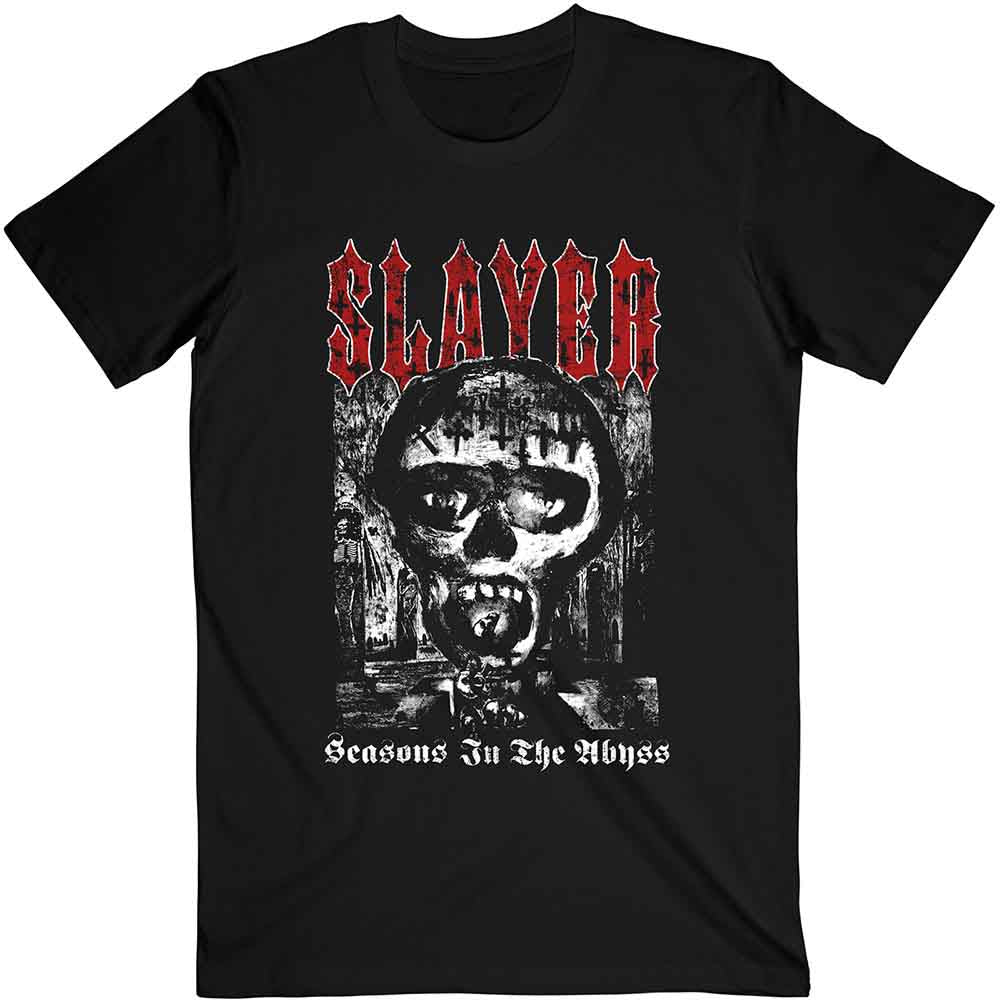 Black Slayer t-shirt featuring a skull graphic and the text Seasons in the Abyss.