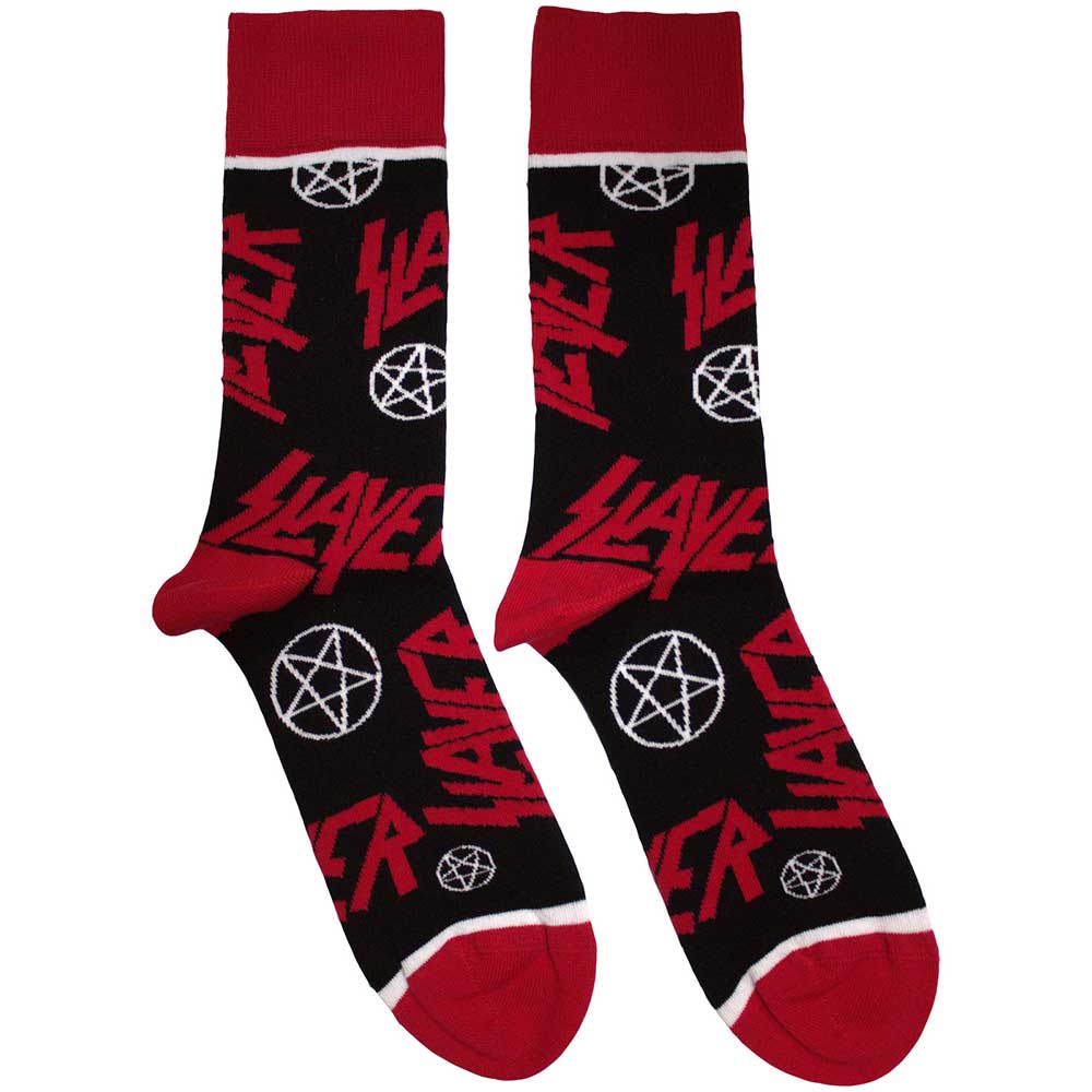 Red and black Slayer ankle socks with logos and pentagrams.