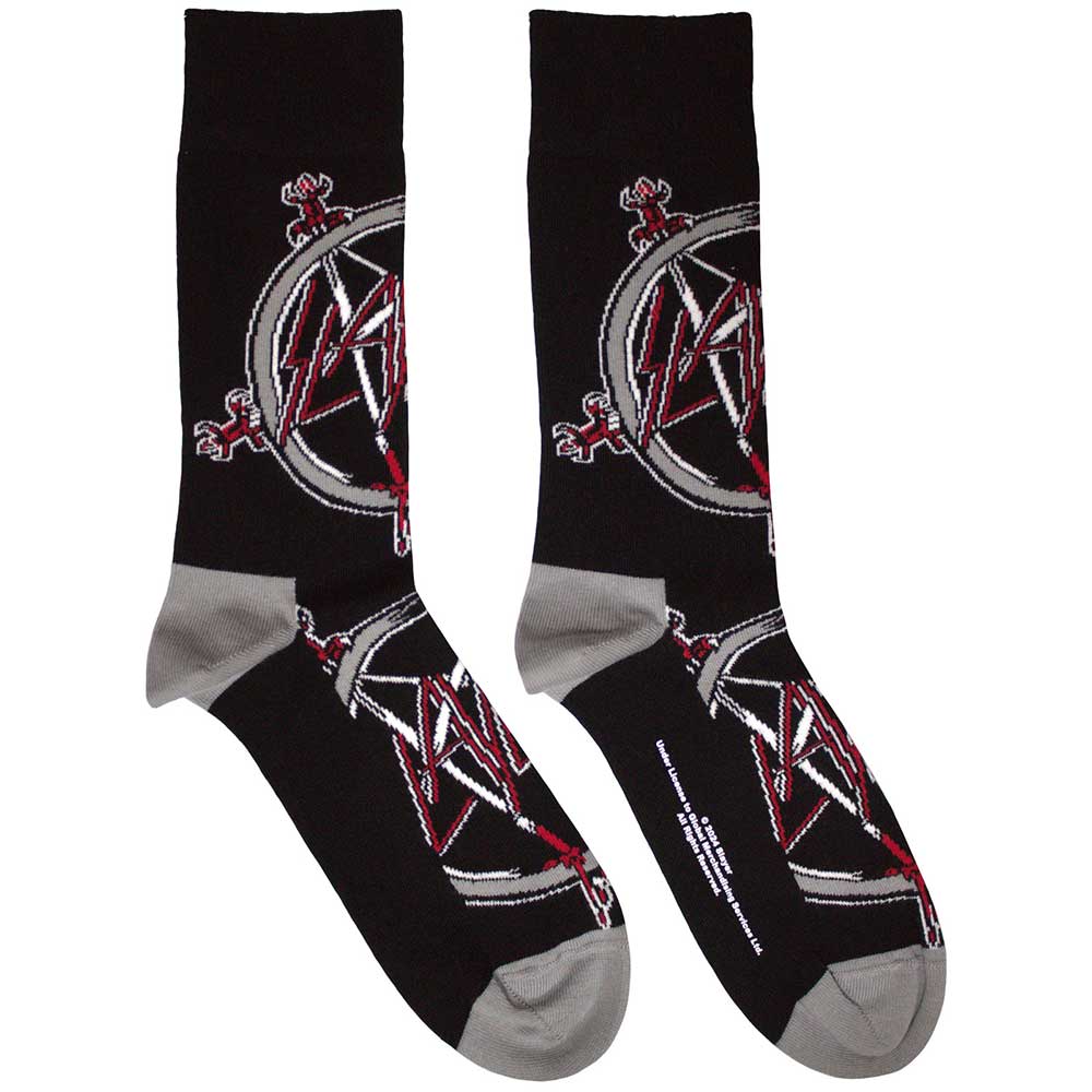 Black ankle socks with a repeating red and grey pentagram design.